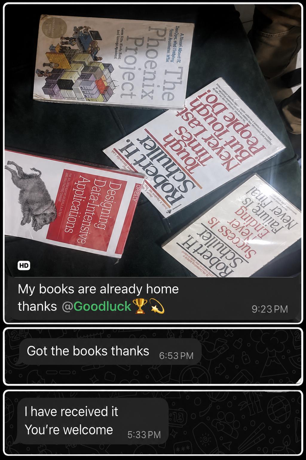 Customer messages confirming their books arrived